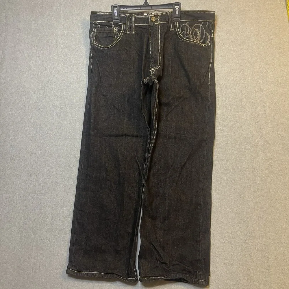 Artful Dodger Jeans Straight Black Embroidered Flap Pocket Y2K Baggy Skater
